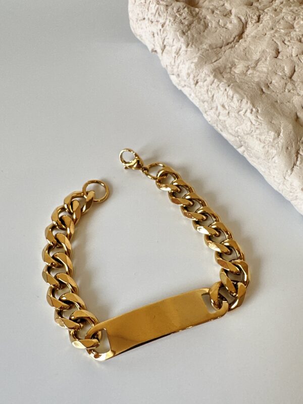 Plaka Detaylı Çelik Kalın Zincir Gold Bileklik