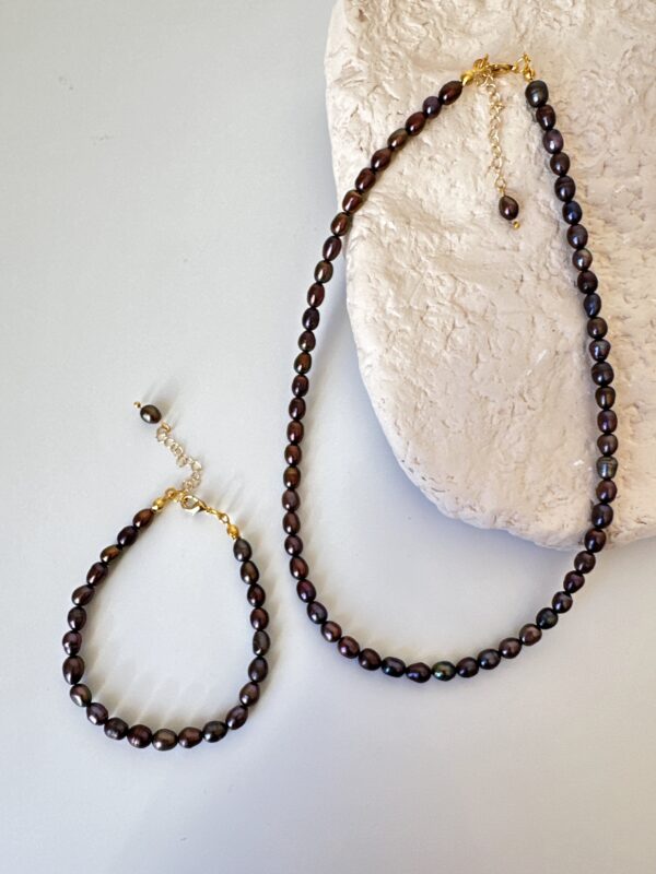 Pirinç Üzeri Altın Kaplama Siyah İnci Kolye ve Bileklik Set