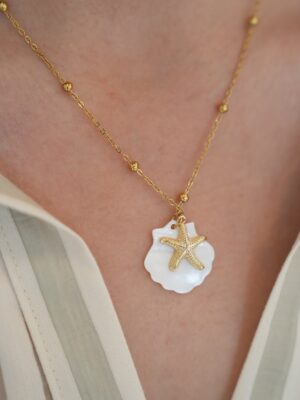 İstiridye ve Deniz Yıldızı Detaylı Çelik Kolye