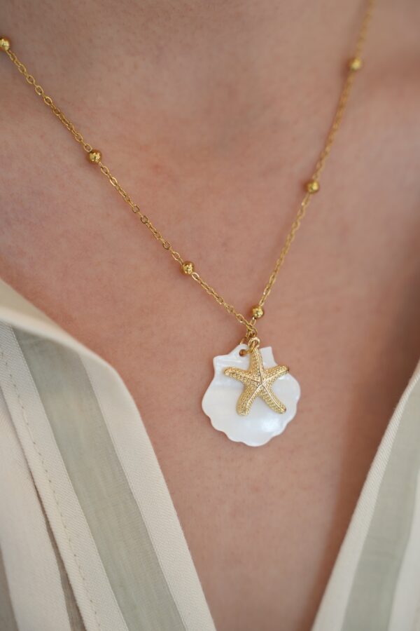 İstiridye ve Deniz Yıldızı Detaylı Çelik Kolye