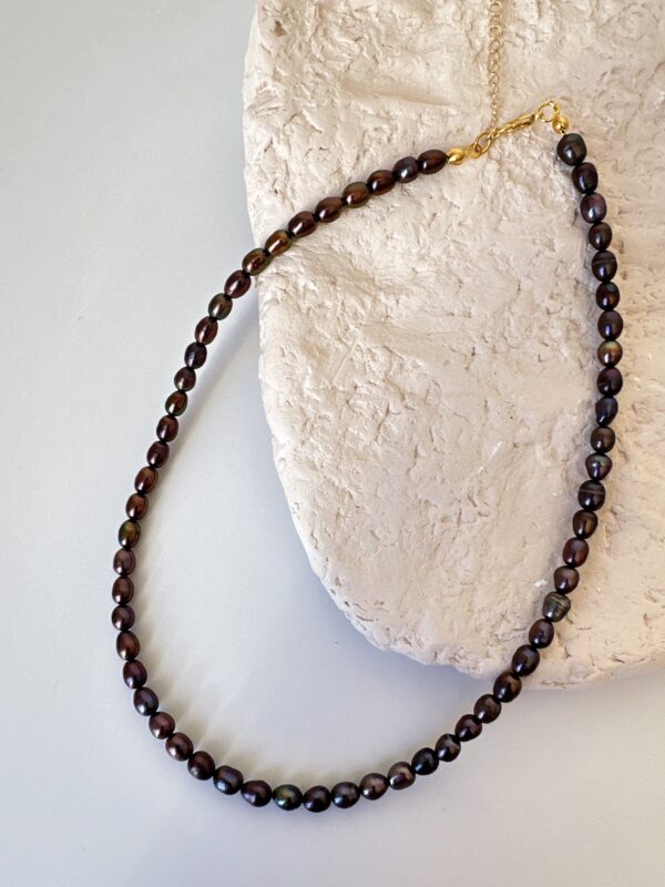 Pirinç Üzeri Altın Kaplama Siyah İnci Kolye ve Bileklik Set