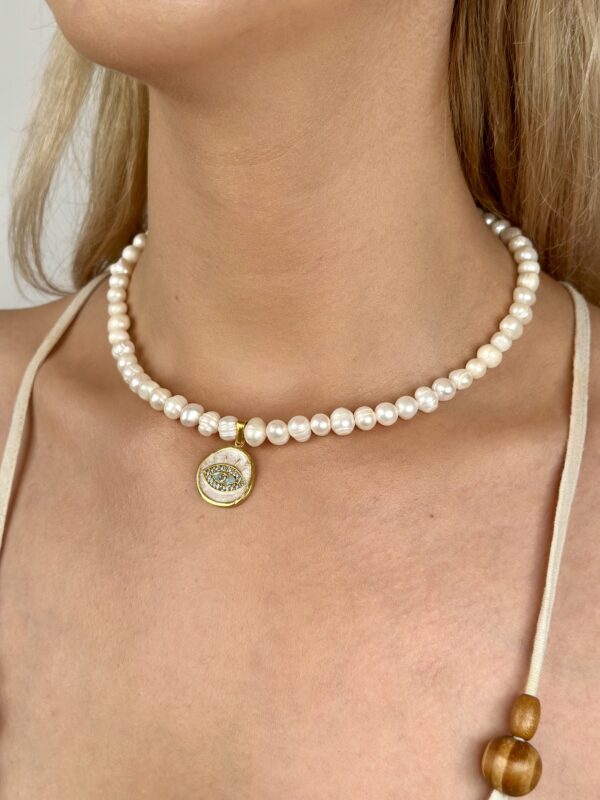 Zirkon Taşlı Göz Model Altın Kaplama Gerçek İnci Kolye