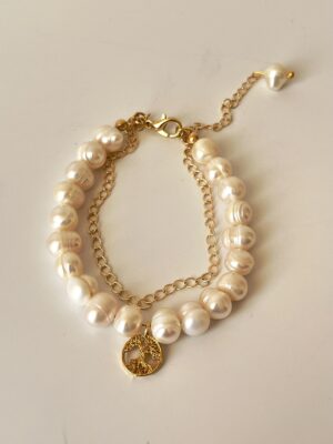 Hayat Ağacı Model Altın Kaplama Gerçek İnci Bileklik