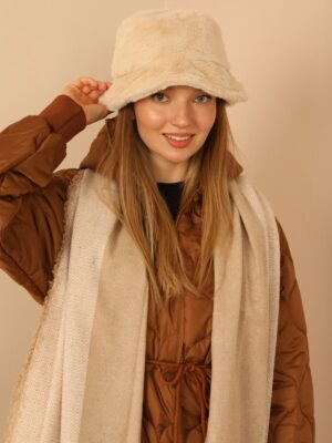 Peluş Kadın Bucket Şapka Bej