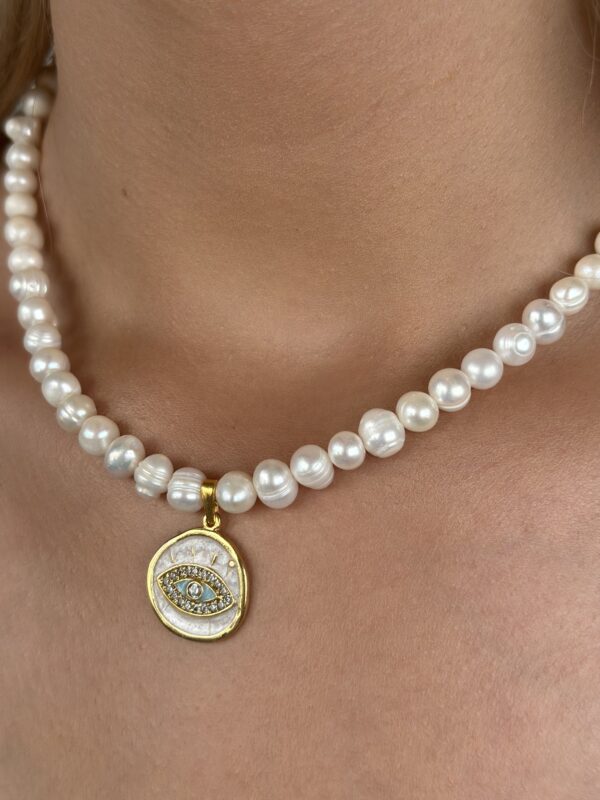 Zirkon Taşlı Göz Model Altın Kaplama Gerçek İnci Kolye