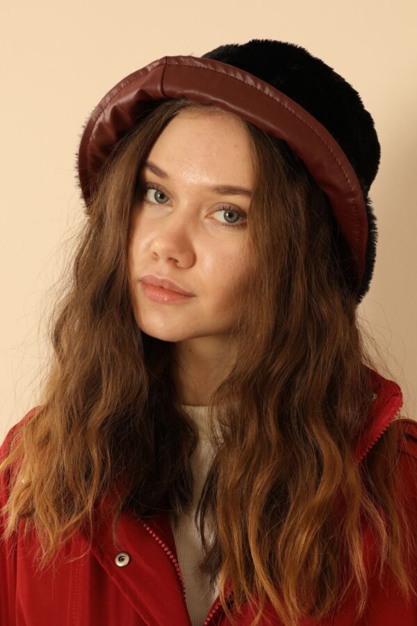 Çift Taraflı Deri Peluş Kadın Bucket Şapka