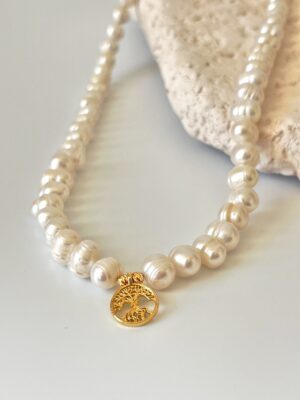 Pirinç Üzeri Altın Kaplama Hayat Ağacı Detaylı Gerçek İnci Kolye