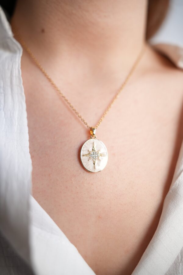 Çelik Gold Renk Zincir Beyaz Mineli Zirkon Taşlı Kutup Yıldız İşlemeli Kadın Kolye