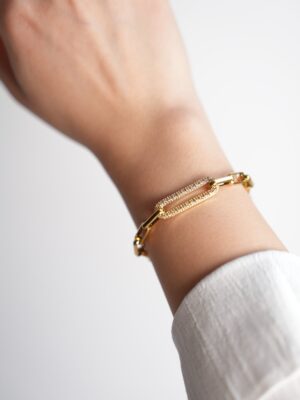 Çelik Gold Renk Zirkon Taşlı Zincir Kadın Bileklik