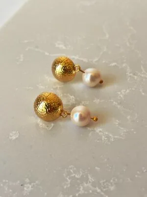 14k Altın Kaplama Gerçek Inci Halka Küpe (tasarım)