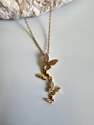 Kelebek Detaylı Zirkon Taş Kaplama Çelik Kolye