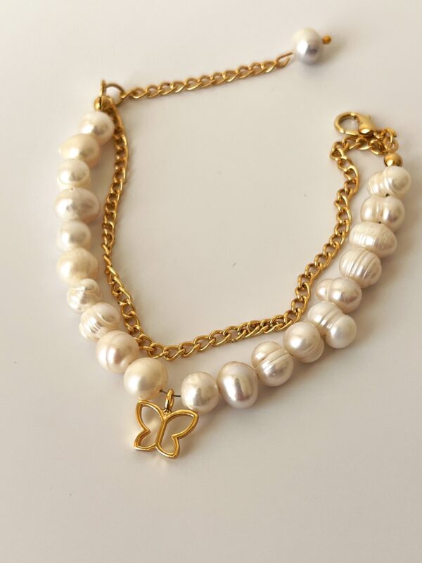 Kelebek Model Altın Kaplama Gerçek İnci Bileklik