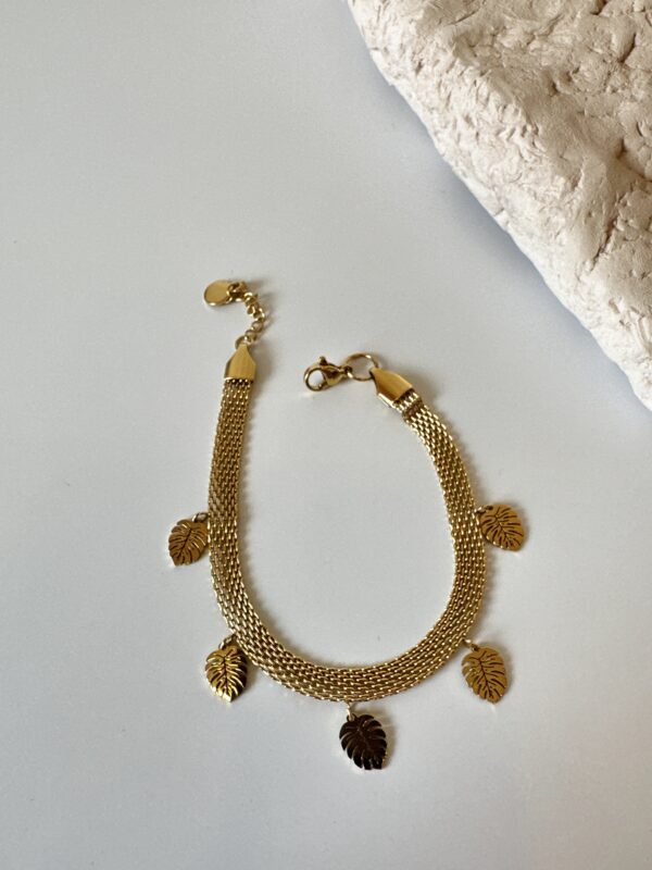 Yaprak Sallantılı Örme Gold Renkli Çelik Bileklik