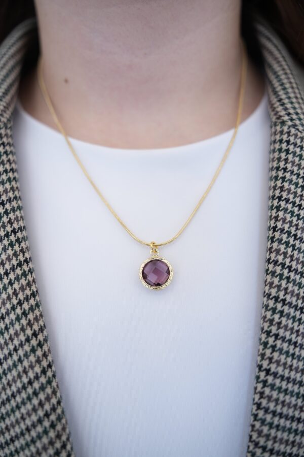 Mor Zirkon Taş Detaylı Çelik Kolye