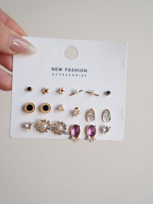 Pirinç Gold Renk Zirkon Taşlı İncili Çiçek Figür 9 Çift Kadın Küpe Seti