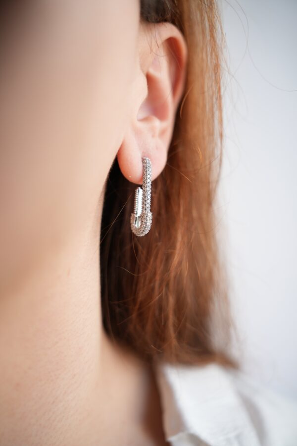 Pirinç Gümüş Renk Zirkon Taşlı Çengelli İğne Model Kadın Küpe