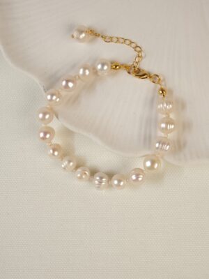 Gümüş Üzeri Altın Kaplama Materyal İle Tasarlanmış Gerçek Tatlı Su İncisi Bileklik