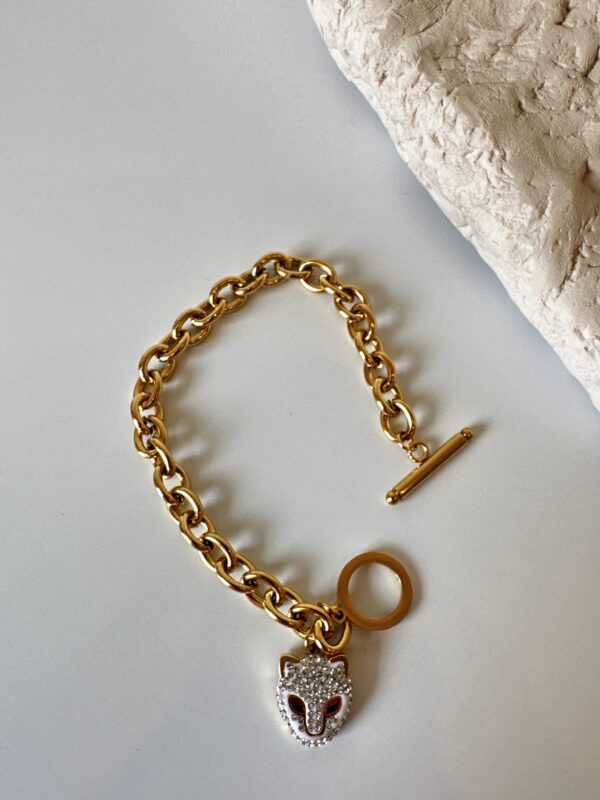 Zirkon Taş Detaylı Kedi Sallantılı Gold Renkli Çelik Bileklik