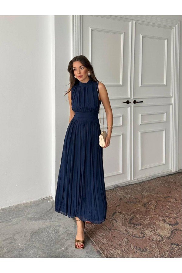Lacivert Şifon Elbise