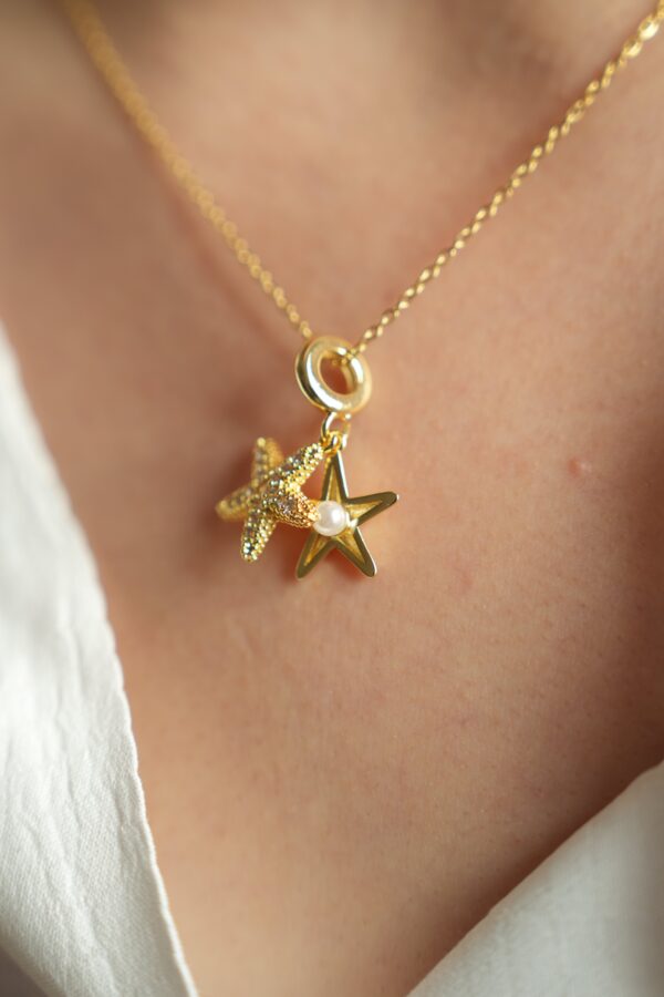 İnci Detaylı Yıldız Çelik Kolye