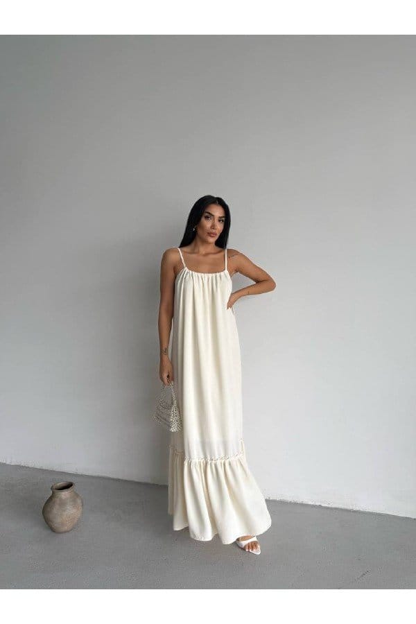 Boyundan Bağlamalı Derin Sırt Dekolteli Krem Elbise