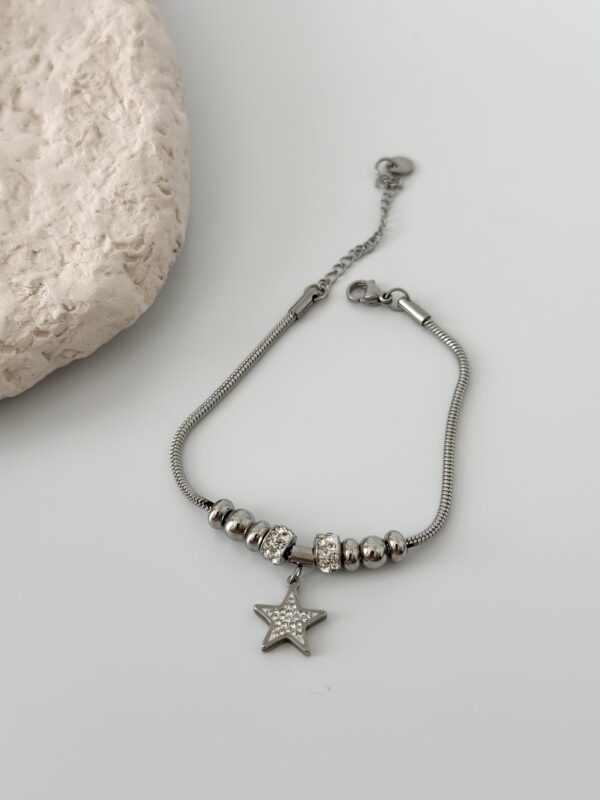 Çelik Gümüş Renk Zirkon Taş Aksesuarlı Yıldız Bileklik
