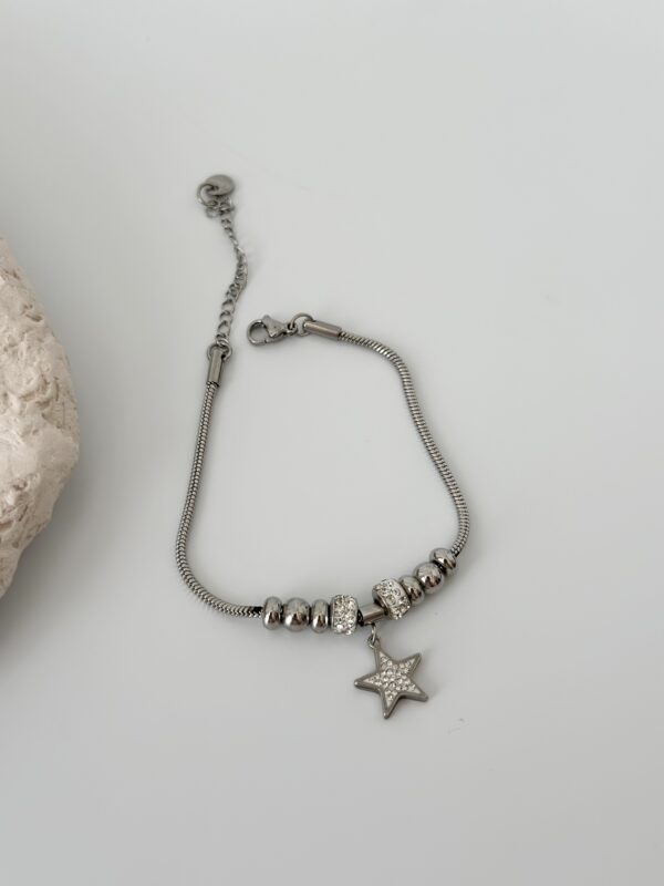Çelik Gümüş Renk Zirkon Taş Aksesuarlı Yıldız Bileklik