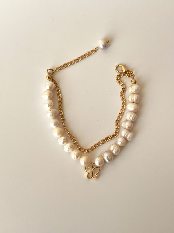 Kelebek Model Altın Kaplama Gerçek İnci Bileklik