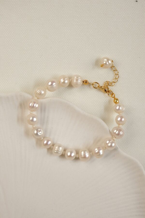 Gümüş Üzeri Altın Kaplama Materyal İle Tasarlanmış Gerçek Tatlı Su İncisi Bileklik