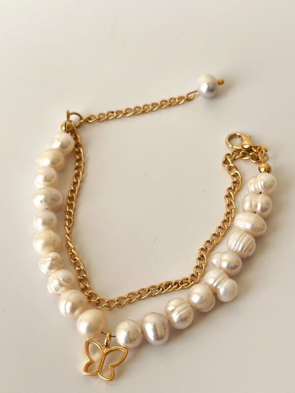 Kelebek Model Altın Kaplama Gerçek İnci Bileklik