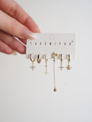 Pirinç Gold Renk Zirkon Taşlı Yıldız Model Kadın Küpe Set