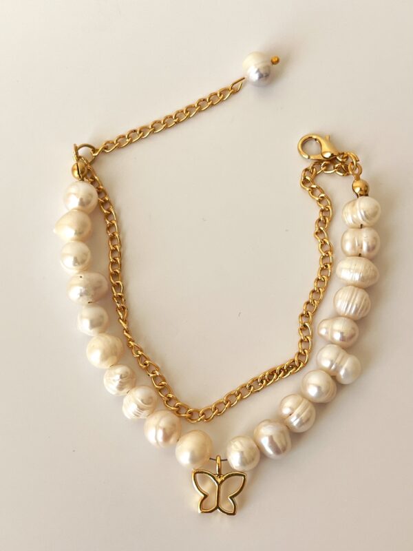 Kelebek Model Altın Kaplama Gerçek İnci Bileklik