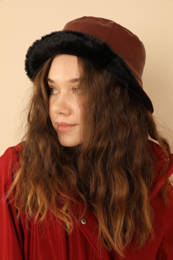 Çift Taraflı Deri Peluş Kadın Bucket Şapka