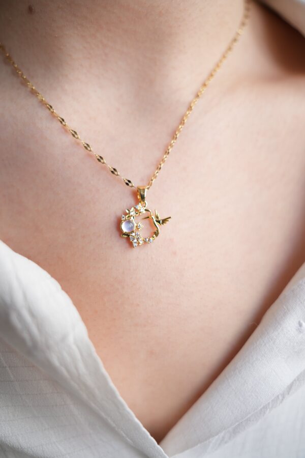 Çelik Gold Renk Zincir Zirkon Taşlı Sinek Kuşu Figür Çiçek Figür Kadın Kolye