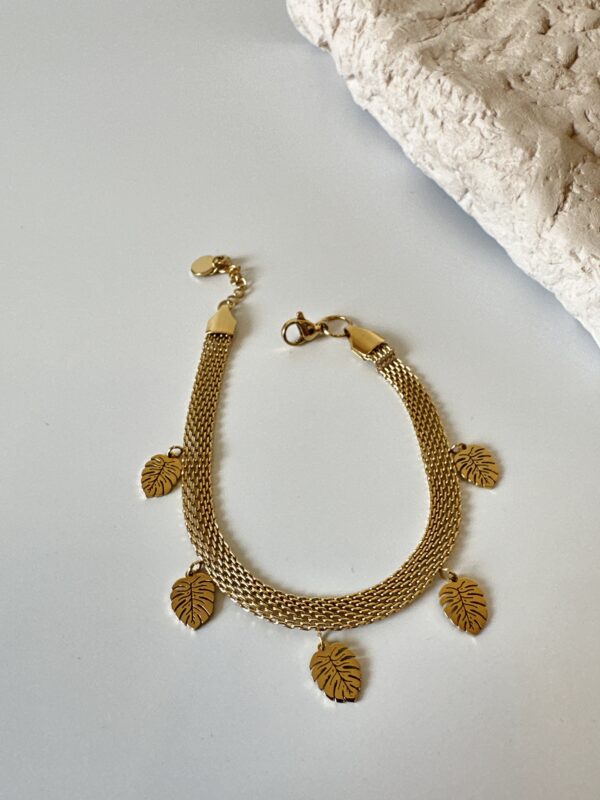 Yaprak Sallantılı Örme Gold Renkli Çelik Bileklik
