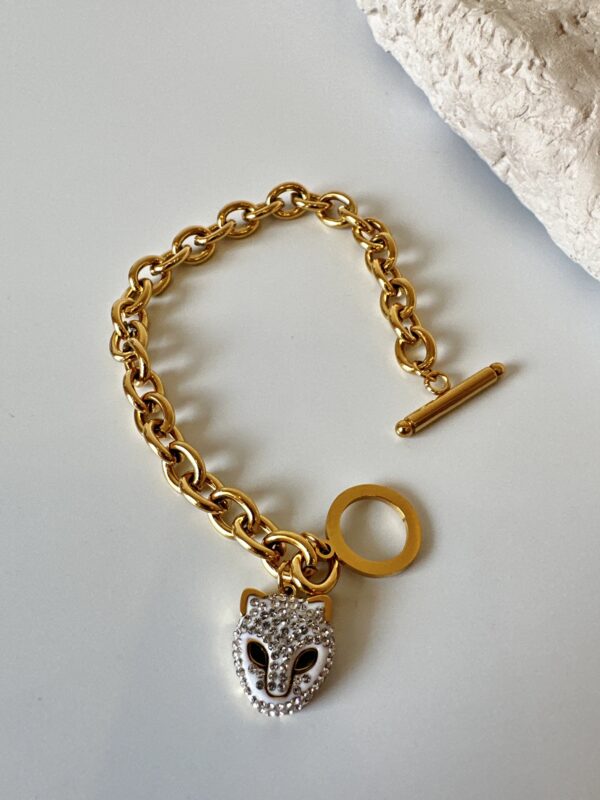 Zirkon Taş Detaylı Kedi Sallantılı Gold Renkli Çelik Bileklik