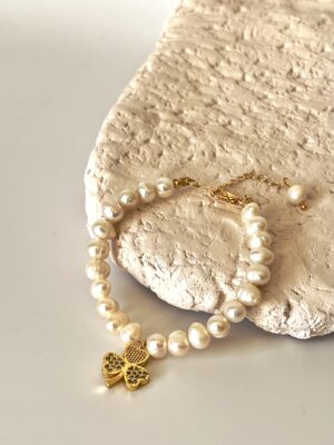 Zirkon Taşlı Yonca Detaylı Tasarım Gerçek İnci Bileklik