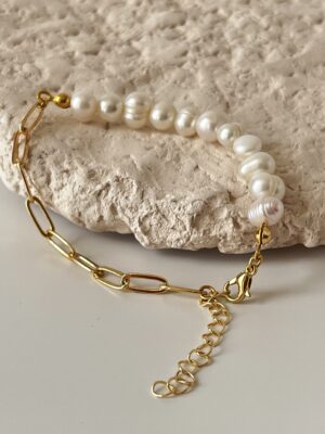 Altın Kaplama Zincir ve Gerçek İnci Birleşimi Bileklik