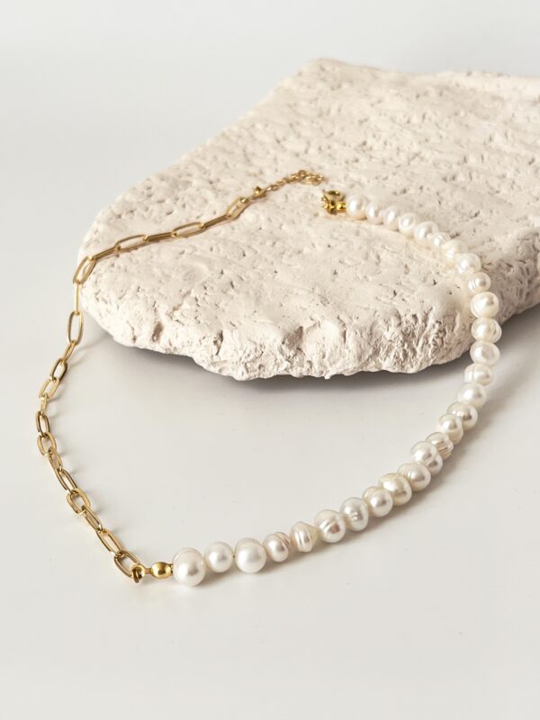 14K Altın Kaplama Zincir ve Gerçek İnci Birleşim Tasarım Kolye