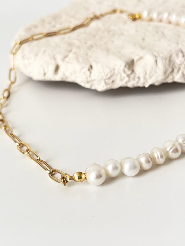 14K Altın Kaplama Zincir ve Gerçek İnci Birleşim Tasarım Kolye