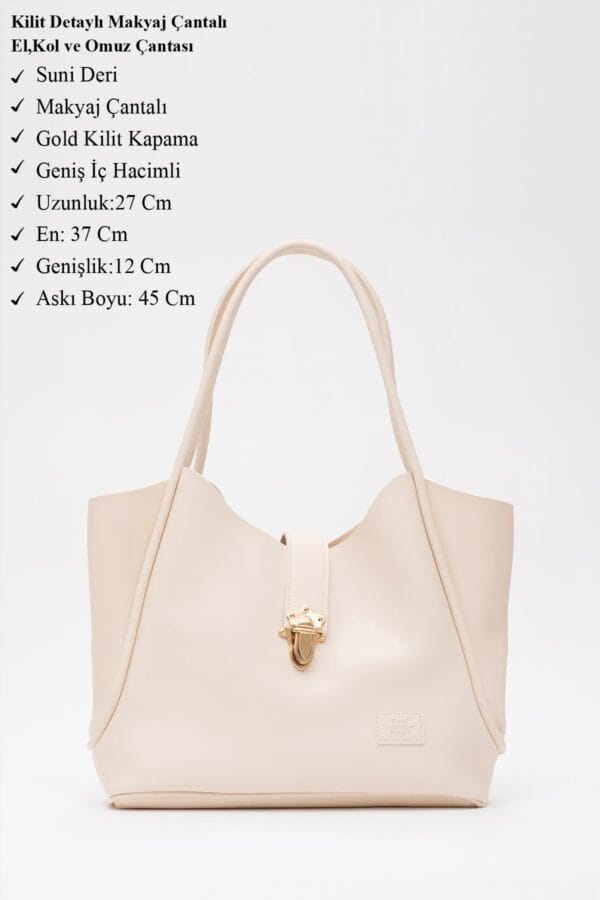 Suni Deri Kilit Detaylı Makyaj Çantalı El Kol ve Omuz Çantası