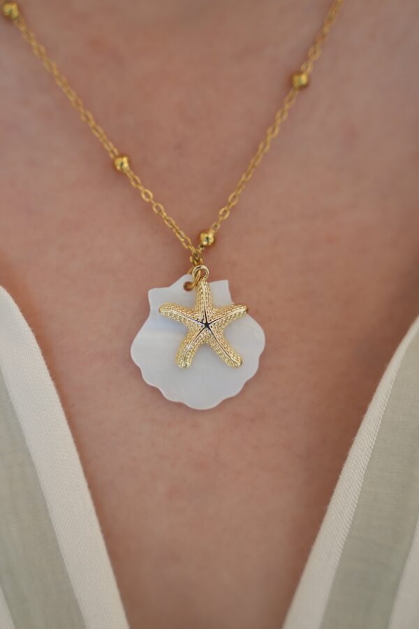 İstiridye ve Deniz Yıldızı Detaylı Çelik Kolye