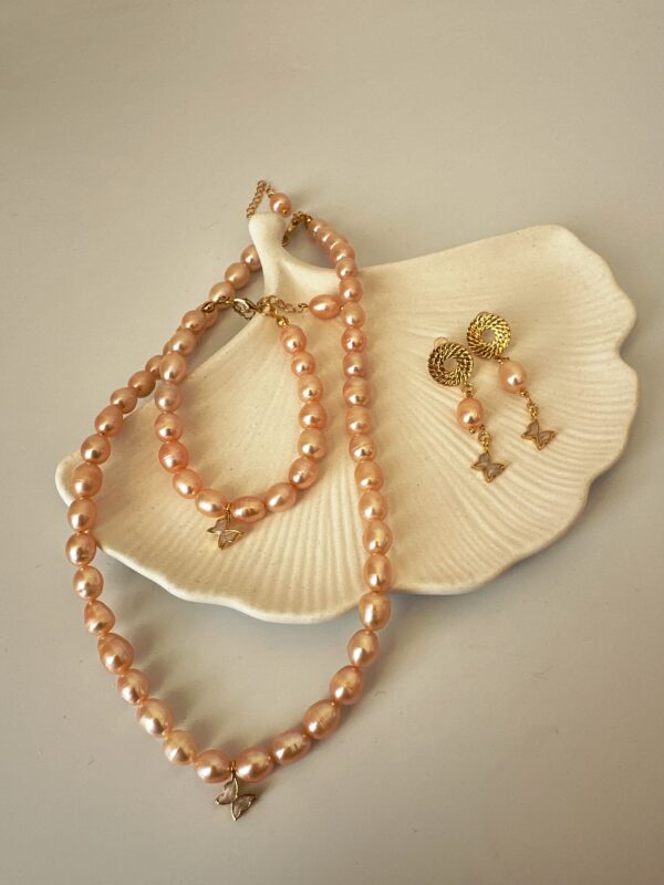 Sedefli Kelebek Detaylı Somon İnci Kolye Bileklik ve Küpe Set