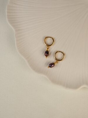 Luna Siyah İnci Detaylı Vip 24K Altın Kaplama Halka Küpe