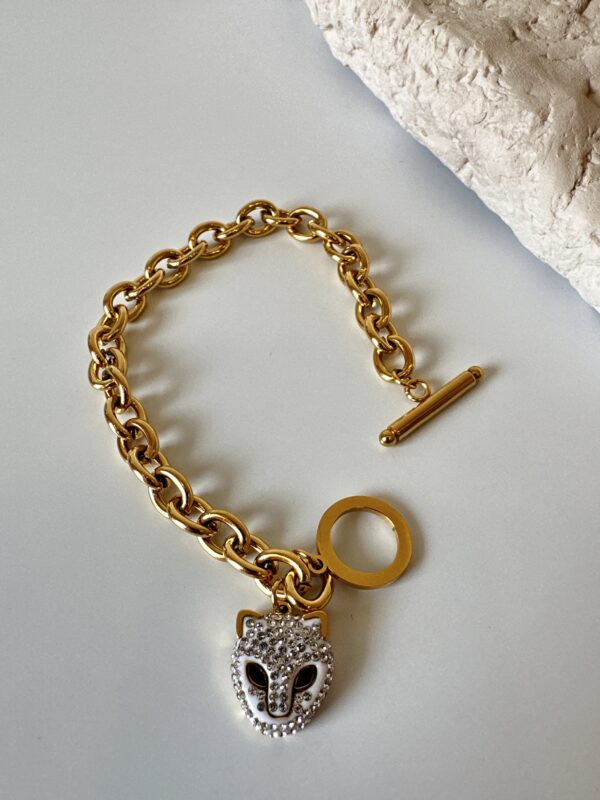 Zirkon Taş Detaylı Kedi Sallantılı Gold Renkli Çelik Bileklik