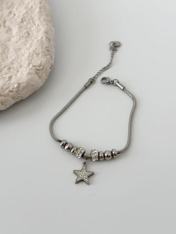 Çelik Gümüş Renk Zirkon Taş Aksesuarlı Yıldız Bileklik