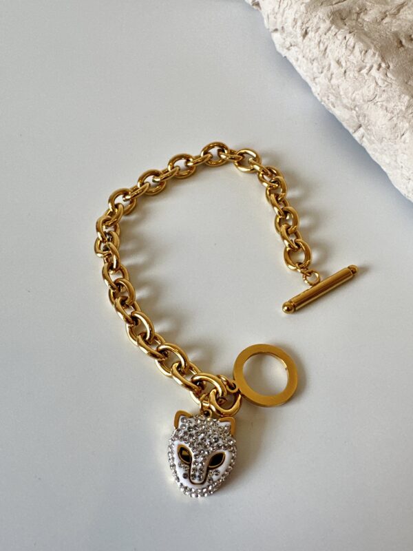 Zirkon Taş Detaylı Kedi Sallantılı Gold Renkli Çelik Bileklik