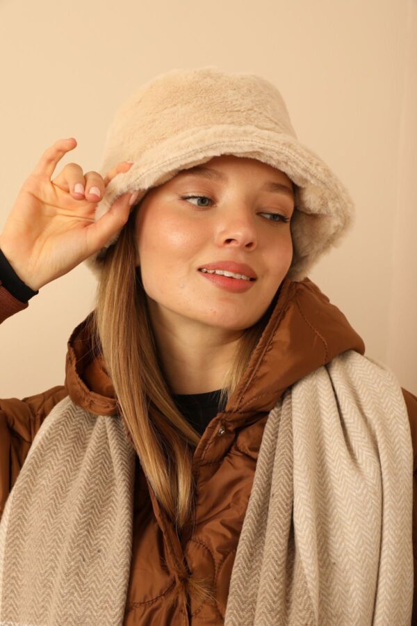 Peluş Kadın Bucket Şapka Bej