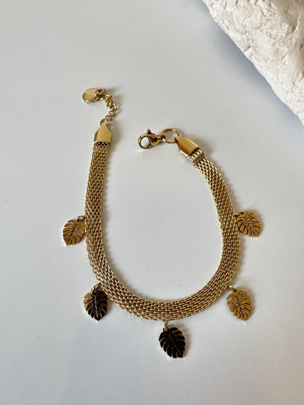 Yaprak Sallantılı Örme Gold Renkli Çelik Bileklik