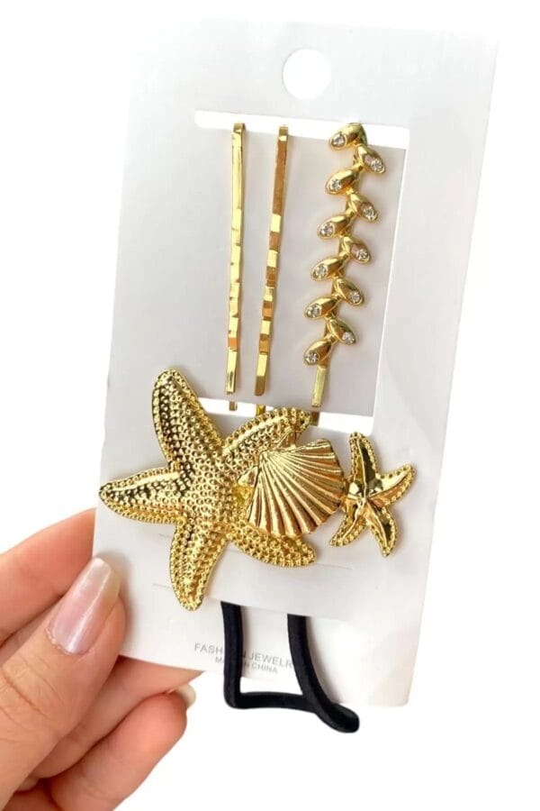 Altın Renk Deniz Yıldızı Figürlü Lastik & Tel Toka Seti